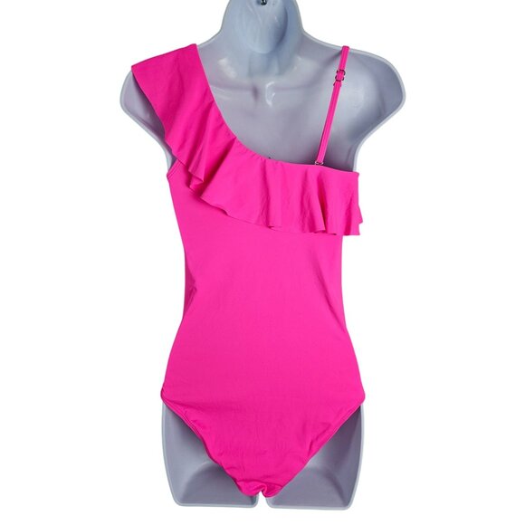 Tempt Me Womens Asymmetrical Neckline One Shoulder Ruffle Swimsuit Hot Pink Sz S - Picture 6 of 11